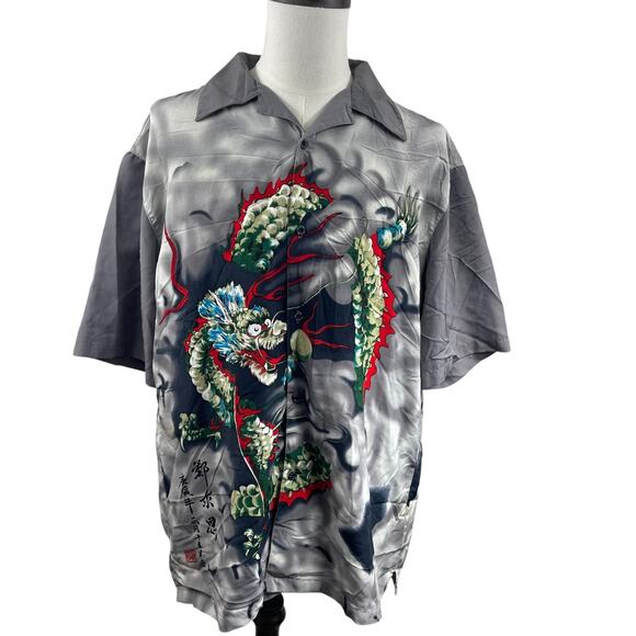 Y2K Chinese Dragon Serpent Tribal Hawaiian Button Up Shirt Men Sz XL Japanese - Picture 1 of 9